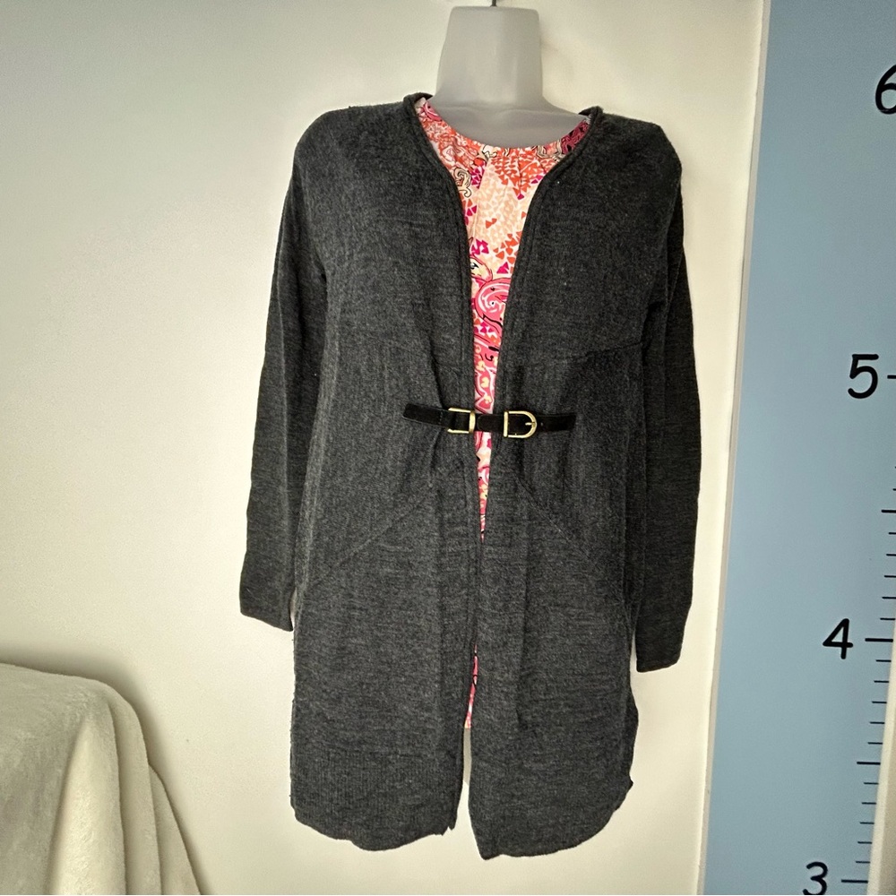 Ellen‎ Tracy Merino Wool Black Cardigan with Adjustable Leather Belt & Buckle XS